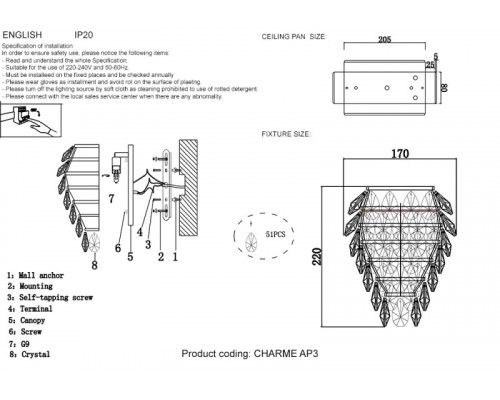 Заказать Бра Crystal Lux CHARME AP3 GOLD/TRANSPARENT| VIVID-LIGHT.RU