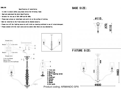 Сделать заказ Подвесная люстра Crystal Lux ARMANDO SP8 GOLD| VIVID-LIGHT.RU