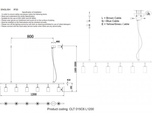 Заказать Подвесная люстра Crystal Lux CLT 015C6 L1200 BL| VIVID-LIGHT.RU