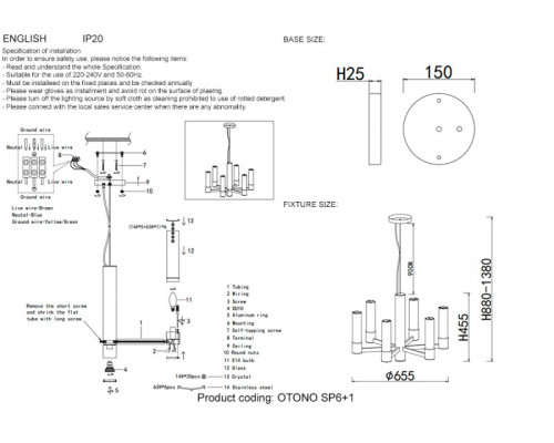 Сделать заказ Подвесная люстра Crystal Lux OTONO SP6+1 BRASS/TRANSPARENTE| VIVID-LIGHT.RU