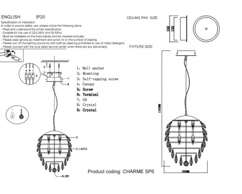 Оформить заказ Подвесной светильник Crystal Lux CHARME SP6 CHROME/TRANSPARENT| VIVID-LIGHT.RU