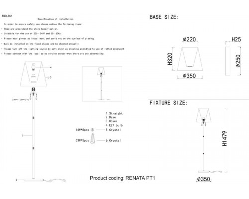 Сделать заказ Торшер Crystal Lux RENATA PT1 GOLD| VIVID-LIGHT.RU